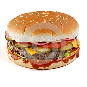 hamburger like in mcdonalds with beef cutlet, pickled cucumber on a white background studio shooting 1
