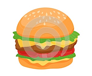 Hamburger meat, bread, cheese, tomato bundle, snack bun lunch, isolated on white, design, flat style vector illustration