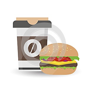 Hamburger with Meat and Iced Coffee on White Background