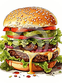 Hamburger modern illustration. Tasty-looking burger with beef, melting cheese, tomatoes and salad. Fast food menu drawing