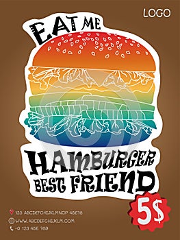 Hamburger is my best friend. Burgers ordered on the fast food menu eating with cutlet, tomatoes and onion. Poster vintage style.