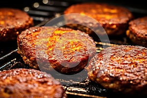 Hamburger patties cooking on grill with smoke