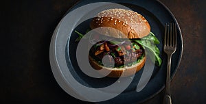 A Hamburger on a Plate With a Fork