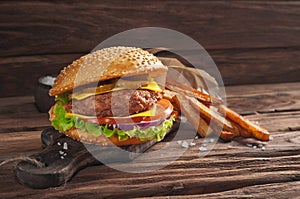 Hamburger with potato closeup