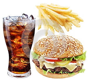 Hamburger, potato fries, cola drink. Takeaway food.