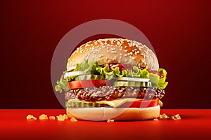 Hamburger on a red background. 3D Rendering