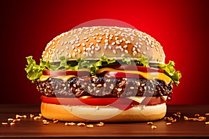 Hamburger on a red background. 3D Rendering