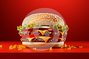 Hamburger on a red background. 3D Rendering