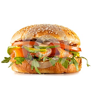 Hamburger with salmon and arugula on a white background for the site2
