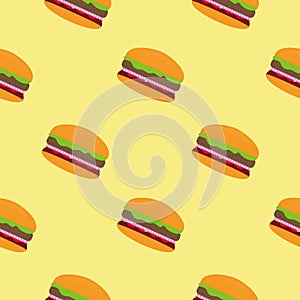 Hamburger seamless patten flat design vector illustration. Fast food hand drawn seamless pattern backgroundKeywords