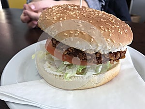 This is a hamburger for to eat at restaurant