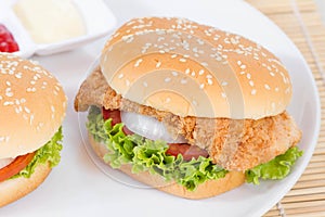 hamburger on white dish