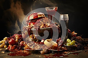 Hamburger with wine, grapes, cheese and bread on a black background, food getting wasted , AI Generated