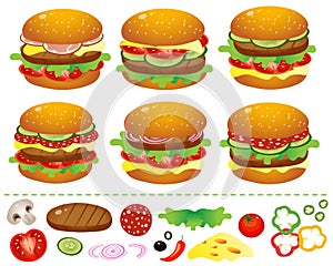 Hamburgers or cheeseburgers with tomatoes, salami, cutlet, beef, salad and cheese on a white background. Food. Vector illustration