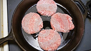 Hamburgers in frying pan