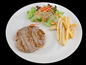 Hamburgers steak with french fries, bread and Vegetable isolated