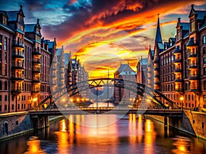 Hamburgs Speicherstadt at Sunset A Silhouetted Symphony of Architecture and Light on the Jungfernstieg Bridge photo