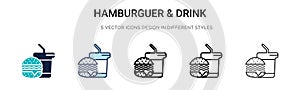 Hamburguer & drink icon in filled, thin line, outline and stroke style. Vector illustration of two colored and black hamburguer & photo