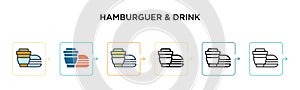 Hamburguer & drink vector icon in 6 different modern styles. Black, two colored hamburguer & drink icons designed in filled, photo