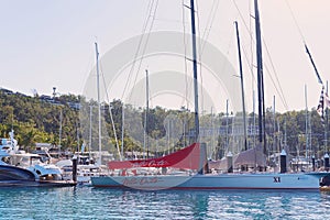 HAMILTON ISLAND, WHITSUNDAY ISLANDS - AUG 24 2018: Yachts moored in the marina ready for the start of Race Week. August 24, 2018,