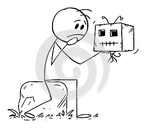 Person or Hamlet Holding Robot Head or Skull and Thinking , Vector Cartoon Stick Figure Illustration