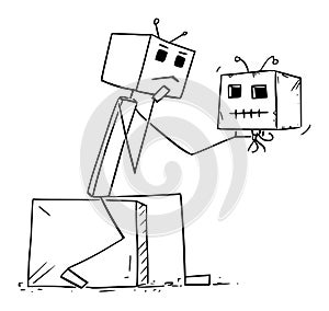 Robot or Hamlet Holding Robot Head or Skull and Thinking , Vector Cartoon Stick Figure Illustration