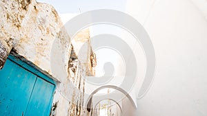 Hammamet Medina streets with blue walls. Tunis, north Africa