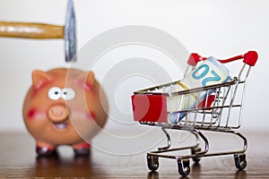 Hammer above a Piggy bank and shopping cart with money