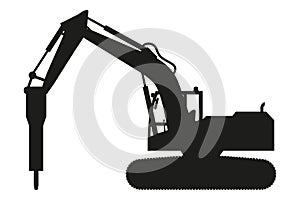 hammer backhoe loader silhouette. Heavy machinery for construction and mining