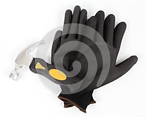 Hammer and black protective nitrile gloves