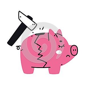Hammer Breaking Pink Money Box or Piggy Bank as Container for Coin Storage Vector Illustration