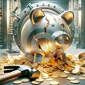 Hammer Broken Piggy Bank Saving Money Banking Global Currency Gold Coins Debt Bubble AI Generated