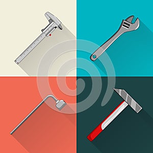 Hammer, caliper, adjustable wrench, socket wrench. Vector illustration.