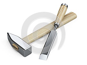 Hammer and chisel hand tool with wooden handles