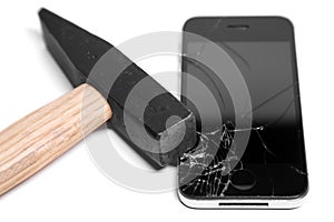 Hammer destroy the smart phone. white background