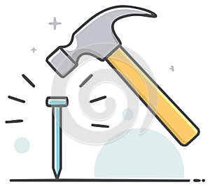 Hammer hitting nail tool vector illustration construction woodwork renovation