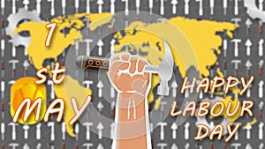 hammer holding hand and first may happy labour day with blur effect on world map
