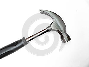 Hammer isolated on white background. Hammer and nail puller, two in one. Close up of a Hammer with a rubberized handle.