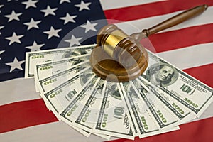Hammer of the judge, dollars of money for the flag of the United States of America.