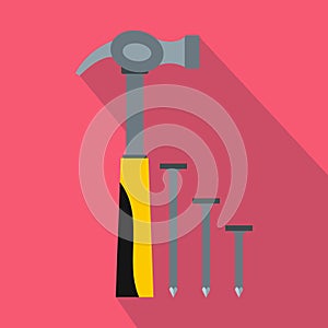 Hammer and nails icon, flat style