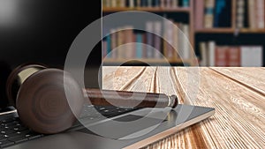 The hammer on notebook in Libraly Background for law concept 3d rendering