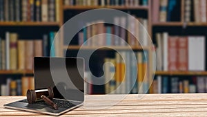 The hammer on notebook in Libraly Background for law concept 3d rendering