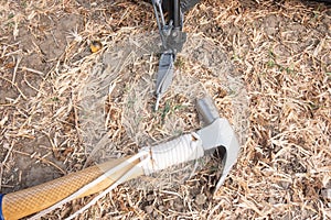 Hammer putting a nail-like tent peg out of iron into the grass on the ground. Push the anchor of the tent onto the ground.Travel