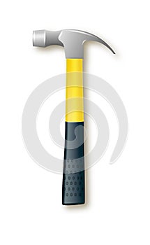 Hammer with a rubberized yellow handle. Hammer and nail puller, two in one. Vector industrial workers tool. Equipment