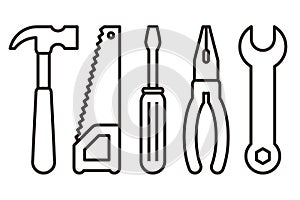 Hammer, saw, screwdriver, pliers and wrench. Tools icon