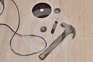 Hammer, driver and a blade for circular saw close-up