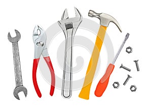 Hammer, screwdriver and wrenches isolated on white