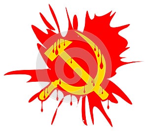 Hammer and sickle on bloodstain, communism, colors, isolated.