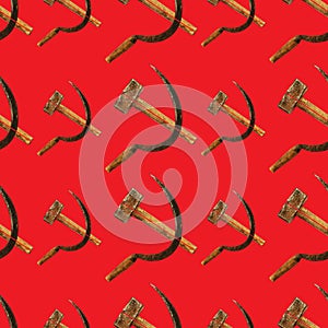 Hammer and sickle seamless pattern on red color in the soviet style