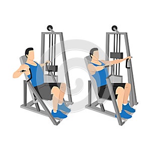 Hammer strength machine. Seated chest press exercise.